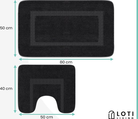 Loti Living Tapis de bain avec tapis de toilette antidérapant - Tapis de douche - Tapis de salle de bain - Tapis de sol - Tapis de bain avec tapis de toilette - Tapis de bain antidérapant - Noir - 50x80 cm + 50x40 cm