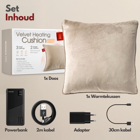 Coozie Rechargeable Heat Pillow - sans fil et filaire - 45-65°C - Velours - 45 x 45 cm - Beige - Oreiller électrique - Powerbank incluse - Jusqu'à 8 heures de chaleur