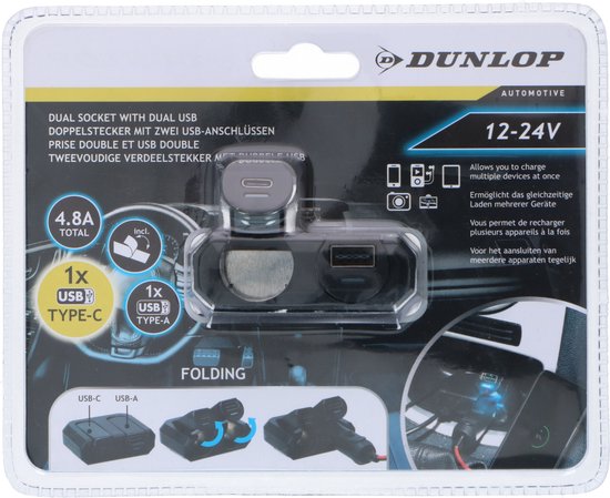 Séparateur de prise allume-cigare Dunlop - USB-A et USB-C - 12V/24V - 4,8 A - 2 appareils simultanément