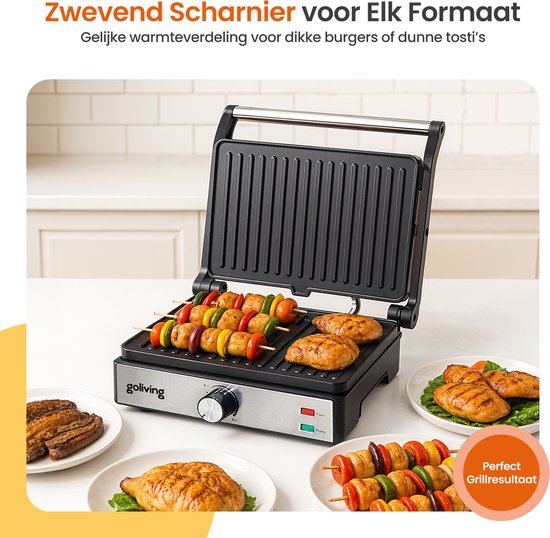 Goliving Toasti Machine XL - Gril à contact - Fer à Toasti - 29 x 23 cm - Gril à panini - Compact - Température réglable - Noir