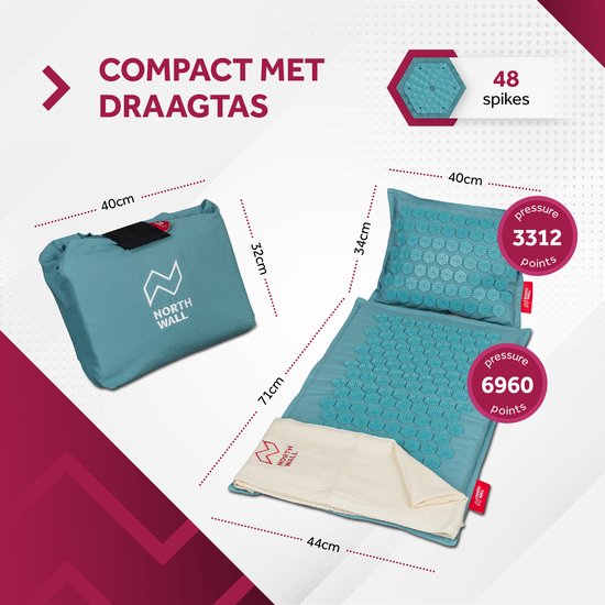 Northwall Nail Mat avec oreiller et sac de transport - Matelas d'acupression avec oreiller pour les ongles - Lit pour les ongles - Acupuncture - Méditation - Massage Shakti - Bleu
