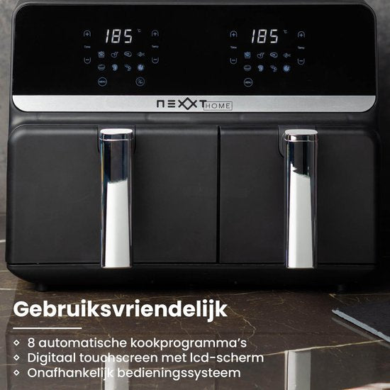 Nexxt Digital Double Airfryer XXL - Friteuse à air chaud avec écran tactile - Capacité 5,5 + 3,5 litres - 8 programmes de cuisson - Noir