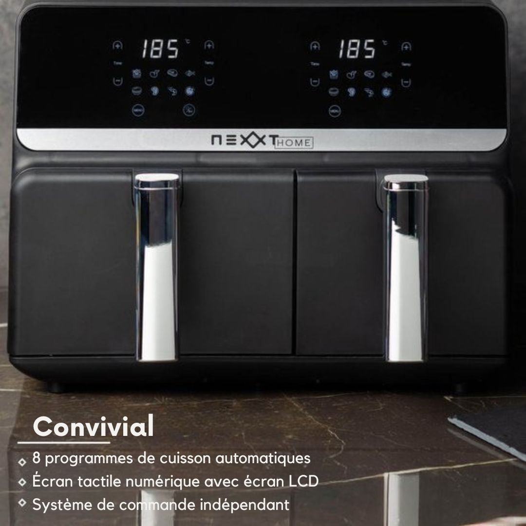 Double Airfryer XXL Nexxt Digital - Friteuse à air chaud avec écran tactile - Capacité 5,5 + 3,5 litres - 8 programmes de cuisson - Noir