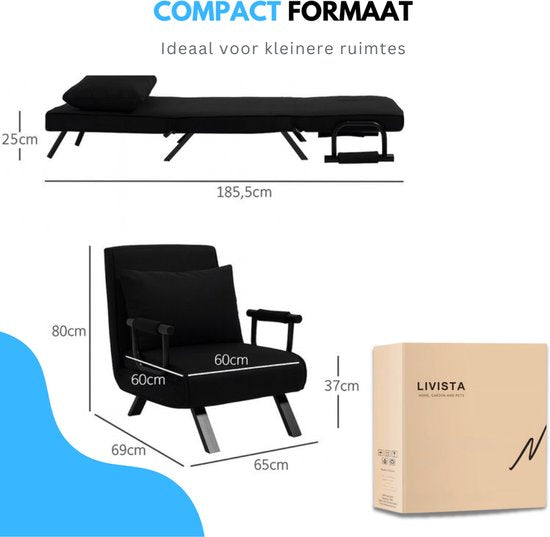 Livista 3-in-1 Fauteuil-lit pliant chargeable jusqu'à 100 kg Noir - Canapé-lit pliant avec dossier réglable - Lit-lit design moderne - Fauteuil-lit