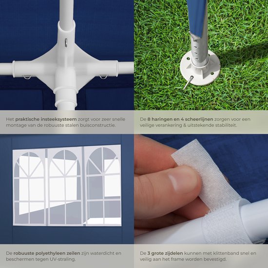 tectake® Pavillon - avec armature renforcée - Tente de réception 3x3 m - Bâche imperméable - Panneaux latéraux amovibles - Pavillon de jardin résistant aux intempéries - Lignes de tension et piquets inclus - Bleu - Tente pliante pop-up