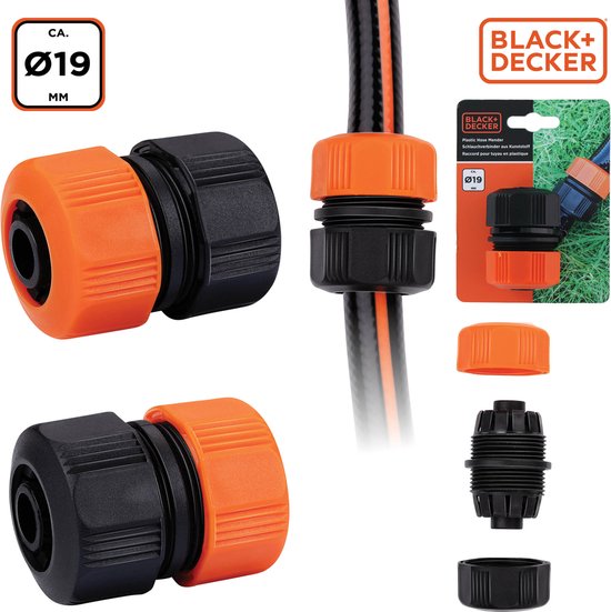 BLACK+DECKER Connecteur de tuyau d'arrosage 3/4 - 19 ⌀ CM - Coupleur de tuyau d'arrosage - Noir/Orange