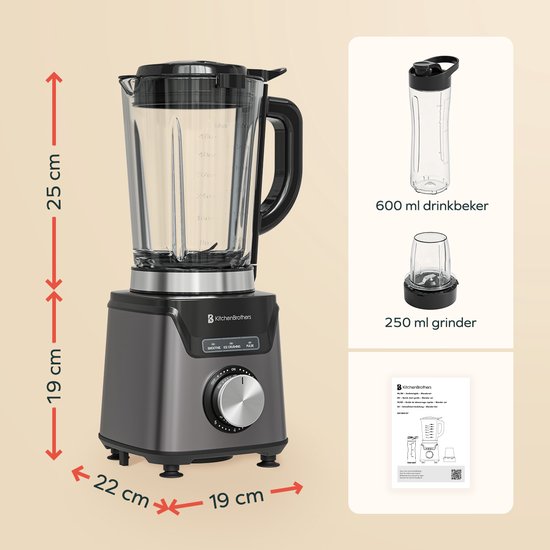 KitchenBrothers Blender avec bouteille - 1200W - 1.5L - Smoothie Maker - Ice Crusher - Gris
