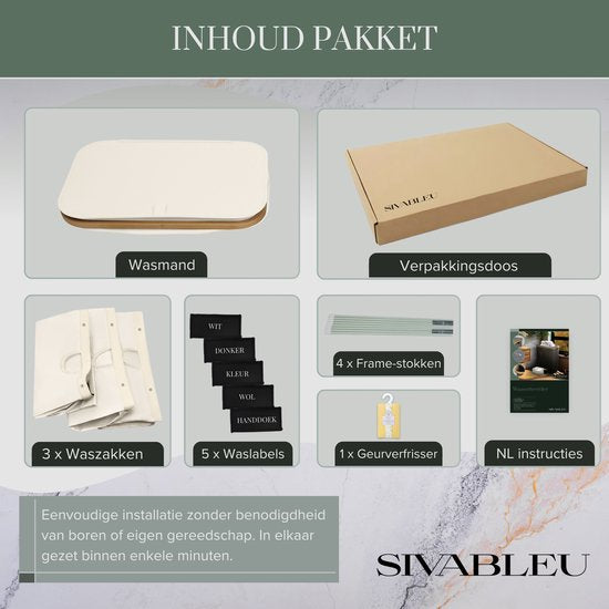 Sivableu panier à linge 3 compartiments - trieur de linge - 160L - avec 3 poches amovibles - panier à linge - trieur de linge avec couvercle - pliable