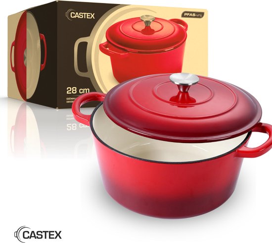 Cocotte - Castex - Casserole en fonte - Compatible toutes sources de chaleur - 6.4L - Rouge