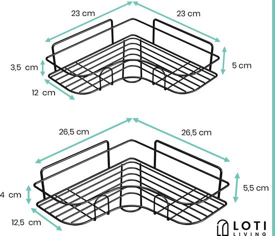 Loti Living Support de douche sans perçage - Forme d'angle - 2 pièces - Support de douche suspendu - Support de douche sans perçage - Support de douche 2 pièces - Support de douche noir - Support de douche sur mur de douche - Bande adhésive