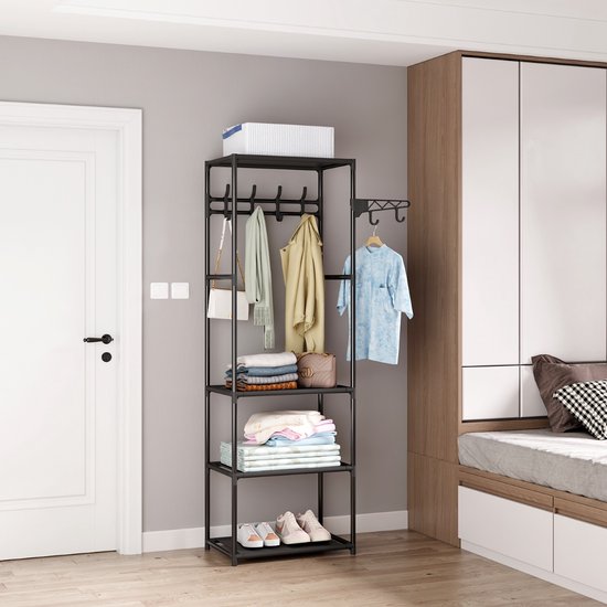 Ceruzo Porte-manteau avec 3 étagères - 55 x 36 x 170 cm- Métal - Porte-manteau - Crochets de suspension- Noir