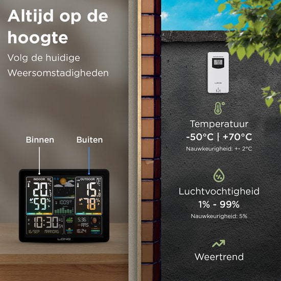 LONQ Station météo intérieure et extérieure Q5 - Piles incluses - Station météo sans fil avec capteur extérieur - Thermomètre Hygromètre - Affichage couleur - Horloge contrôlée par DCF