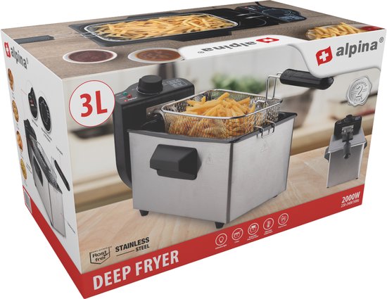 alpina Fryer - Poêle à frire - 3 litres - 2000 Watt - Acier inoxydable - Avec bouton thermostatique