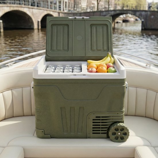 Auronic Electric Cool Box - Compresseur - 2 Zones - 45L - 12/24V et 240V - Réfrigération et congélation - Réfrigérateur de camping - Frigobox Auto - Avec roues et poignée - Vert