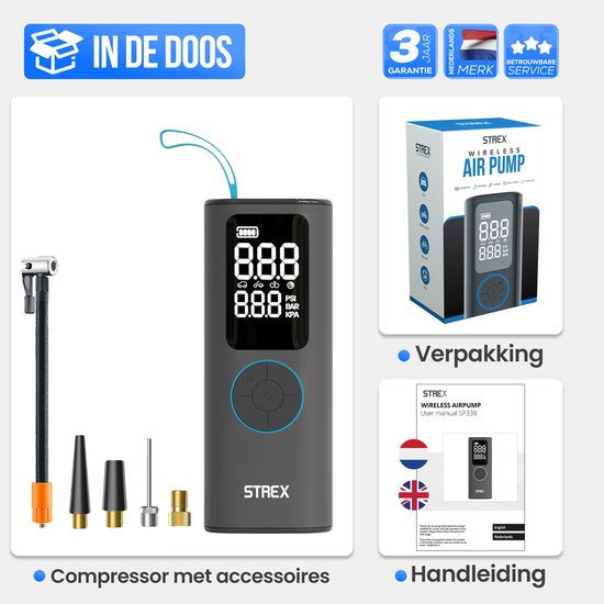 Pompe à pneu électrique Strex - Mini-compresseur sans fil 3-en-1 - voiture, vélo, scooter, ballon et matelas pneumatique - jusqu'à 10,5 bar / 150 PSI - 30L/min - 8000 mAh Powerbank & Flashlight