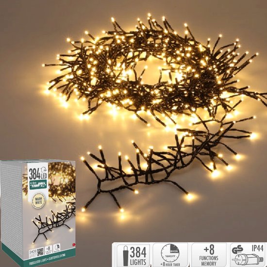 Lumières de Noël Treecluster - 384 LED blanc chaud - 490 cm - minuterie - 8 niveaux de lumière - intérieur extérieur