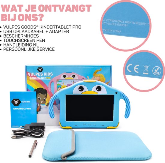 Vulpes Goods® Kids - Tablette pour enfants - Tablette Kids - Application de contrôle parental - 100% Kids Proof - 3500 mAh - Android 10 Go - Avec étui de protection intégré, protection de l'écran et protection des yeux - 32 Go - Avec stylet pour écran tac