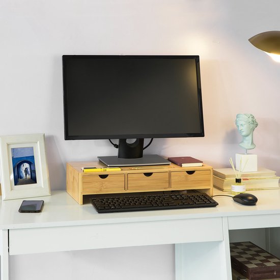 SoBuy BBF03-N Organisateur de bureau pour support de moniteur avec 3 tiroirs - Bambou - 51x12x25cm
