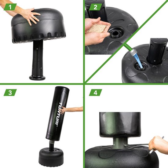 Tunturi Standing Boxing Bag - Bâton de boxe autoportant - Facilement déplaçable - Hauteur 180 cm - Avec base remplissable en sable, gravier ou eau - Noir - Avec application fitness gratuite
