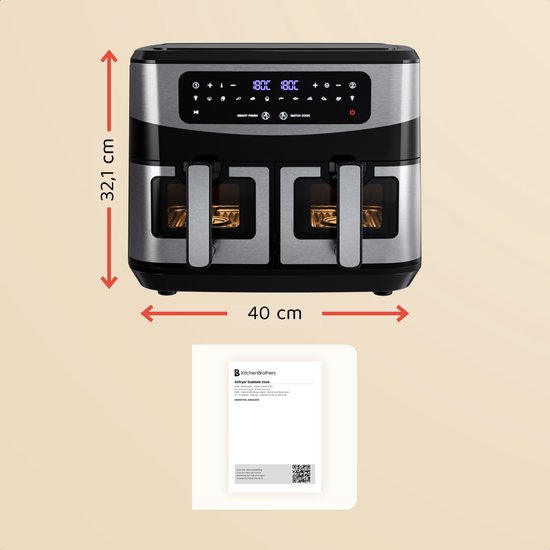 KitchenBrothers Double Airfryer - 2400W - Dual Zone - 9L - Friteuse à air chaud - Airfryer XXL - 2 x 4.5L - 10 Programmes de cuisson - inox/noir