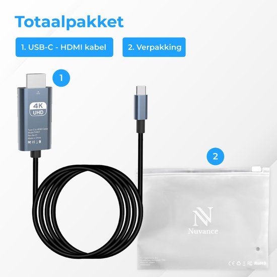 Nuvance - Câble USB C vers HDMI - 2 mètres - 4K Ultra HD - Convient aux téléphones, tablettes, ordinateurs portables, PC, caméscopes et moniteurs