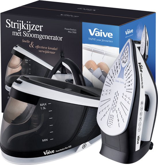 Fer à vapeur VAIVE - 3100W - Réservoir d'eau de 1,5 L - Cordon d'1,9 m - Noir/blanc