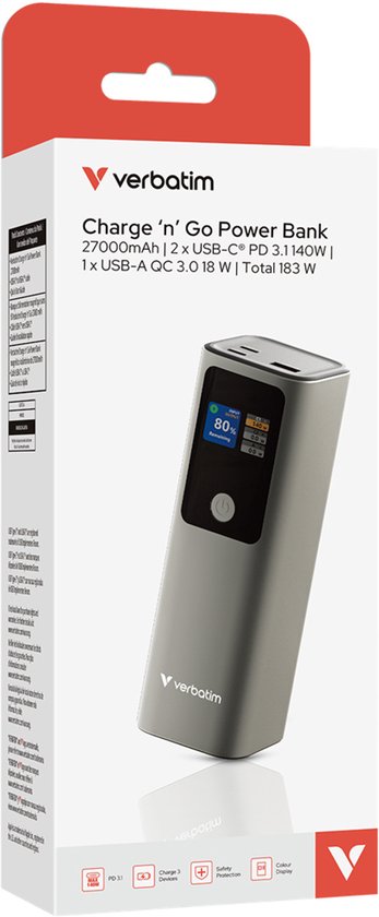 Verbatim Charge 'n' Go 27000mAh Power Bank 183W Grey