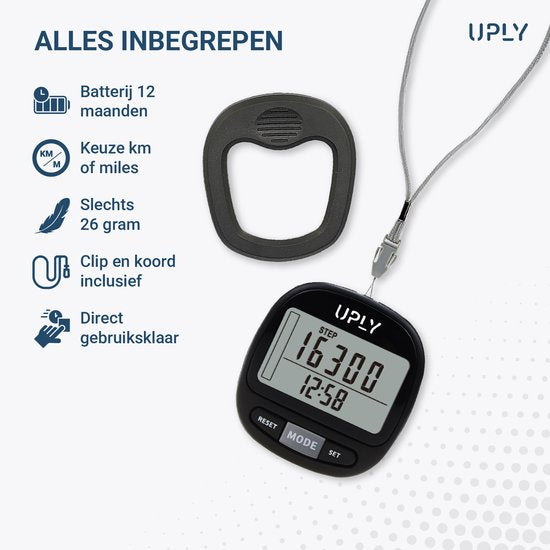 Uply Podomètre avec clip et sangle de transport - Capteur 3D - Podomètre de poche - Pile incluse - Noir