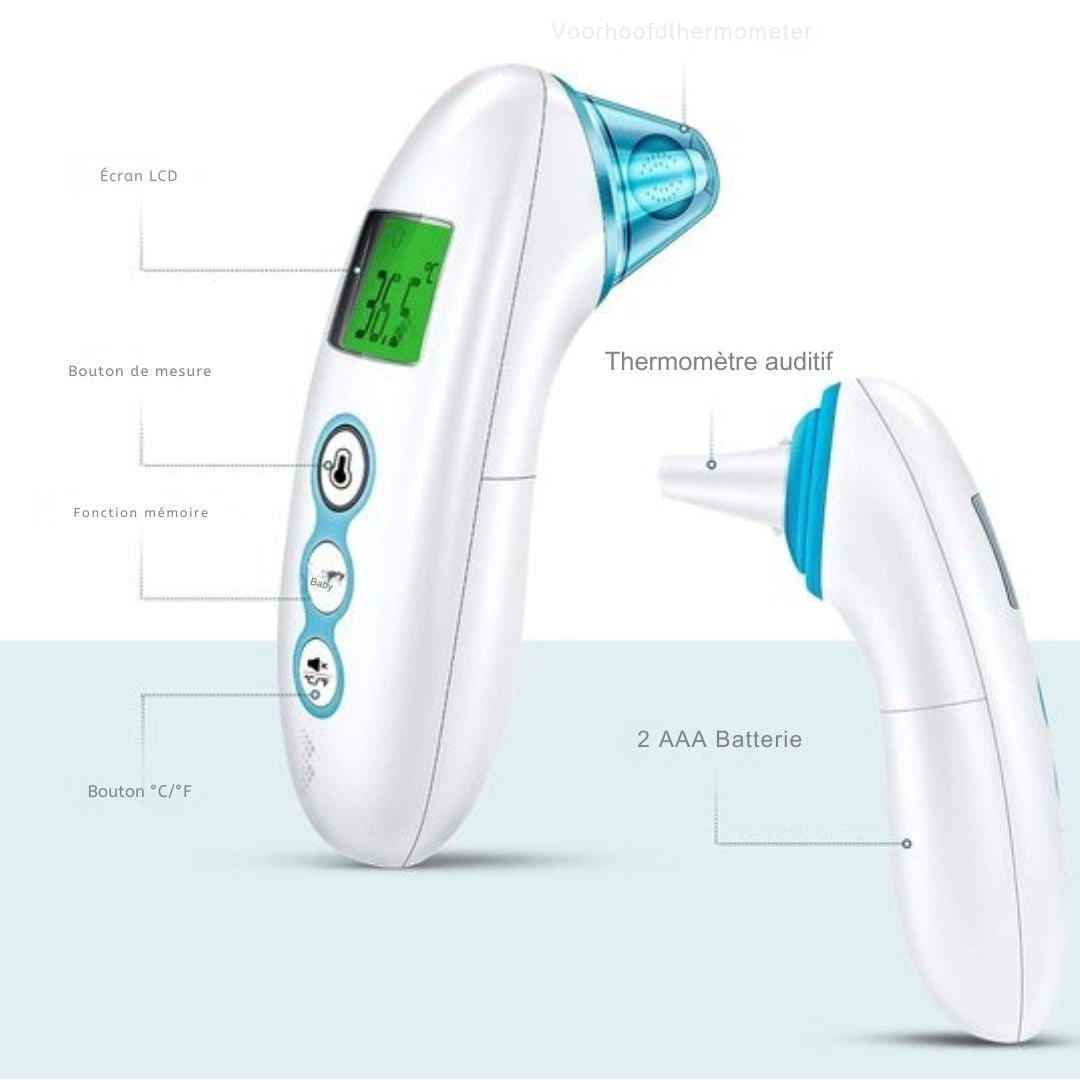 Thermomètre auriculaire digital Bintoi® X100- frontal infrarouge - Indicateur de température - médical pour adultes et bébés - Mesure instantanée en 1 seconde - Piles incluses - blanc