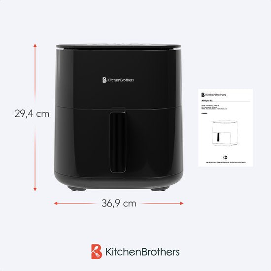 KitchenBrothers Airfryer XL - 5L - 2000W - Friteuse à air chaud - Double chauffage - 80ºC à 200ºC - 8 programmes de cuisson - Noir