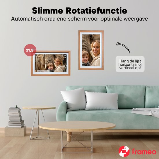 Cadre photo numérique Denver 21,5 pouces - XXL - Bois - Full HD - Frameo App - Cadre photo - WiFi - 32GB - IPS Touchscreen - PFF2162LW