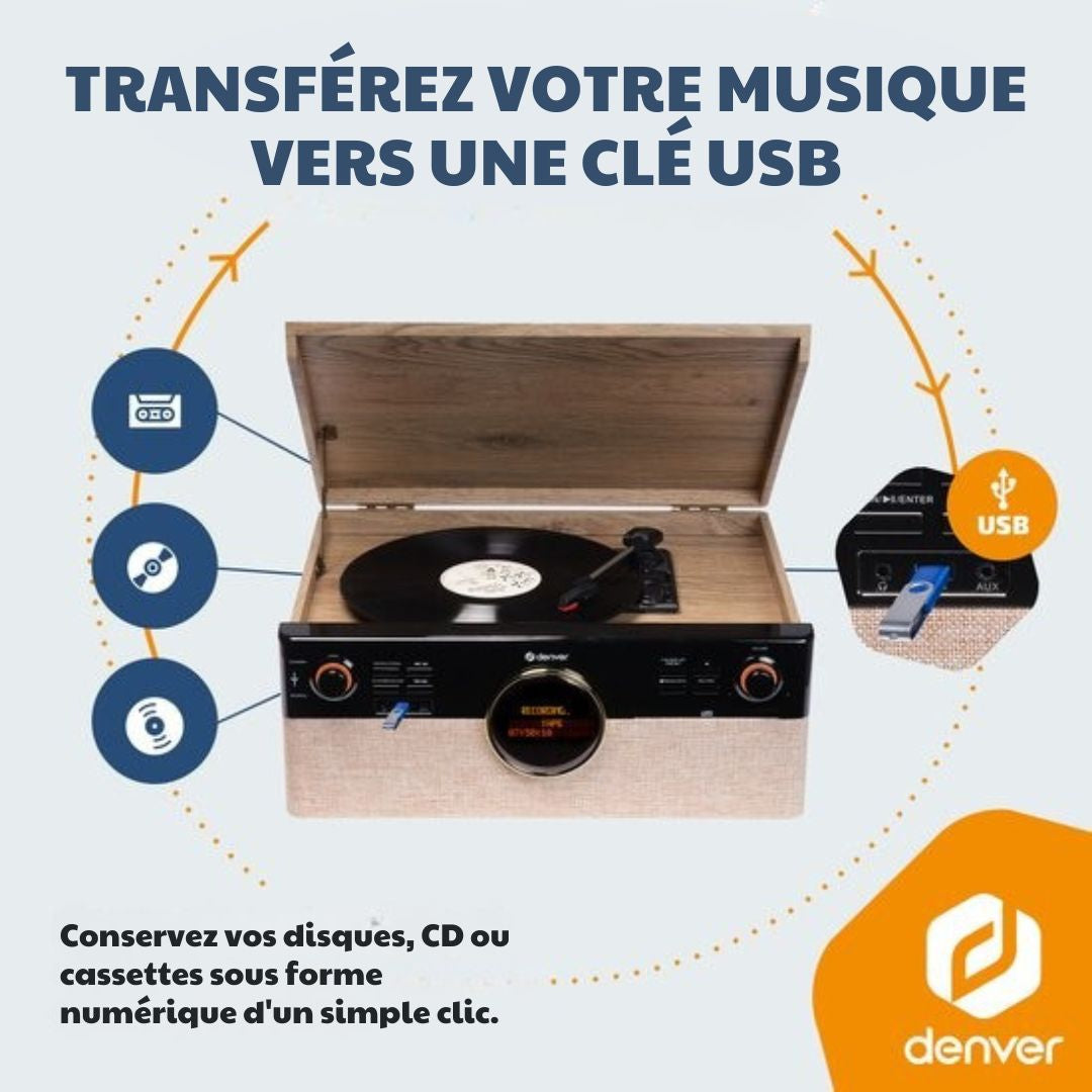 Platine vinyle rétro - Denver - Radio - CD - Cassette - Bluetooth - Auto stop - MRD180 - Bois