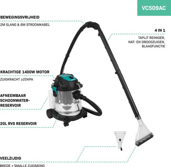 VONROC Nettoyeur de tapis 1400W - Aspirateur tout usage - pour l'aspiration humide et sèche - avec détergent et différents embouts d'aspiration