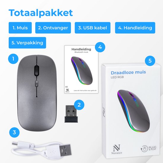 Nuvance - Souris sans fil LED - Bluetooth - Ergonomique - Ordinateurs portables et jeux - Sans fil - Gris