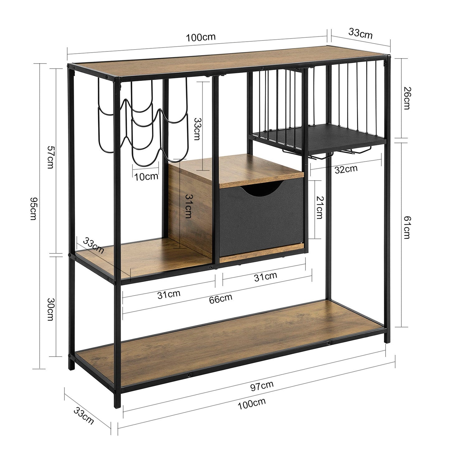 SoBuy FSB56-F Table console - 100x33x95 cm - Vintage Brown/Black - Table d'appoint avec tiroir, 3 étagères de rangement et porte-bouteille