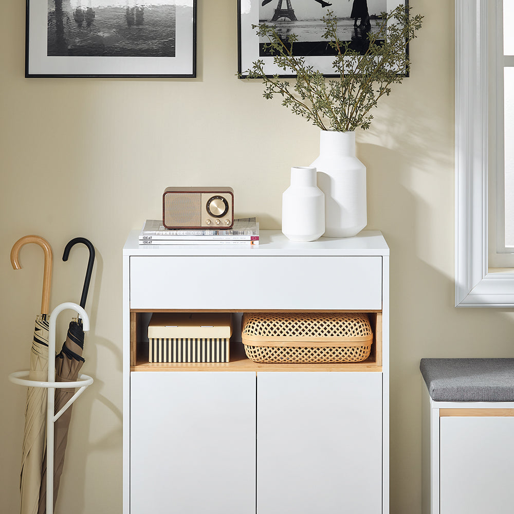 SoBuy FSB97-WN Meuble de rangement multifonctionnel gris 60x34x85cm avec tiroirs, étagères réglables et double portes