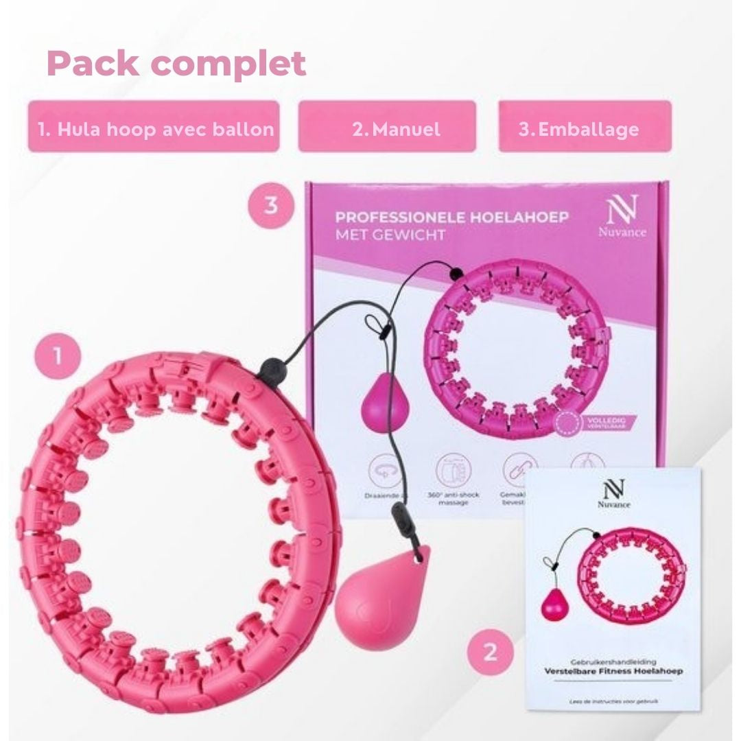 Hula Hoop réglable avec poids - Nuvance - 24 + 5 maillons - eBook inclus - pour adultes et enfants - Rose