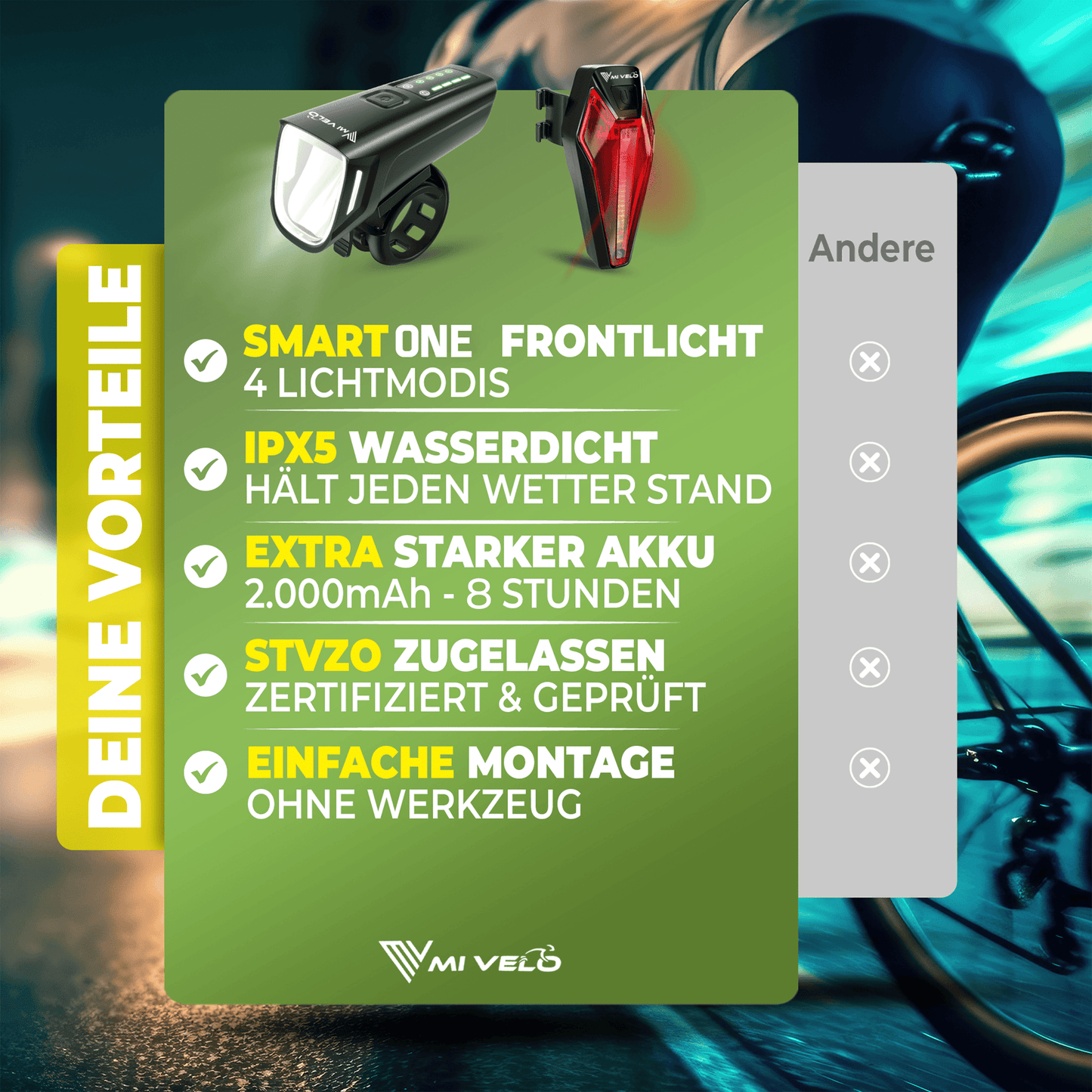 Kit d'éclairage vélo Mivelo LED "SMART ONE" rechargeable par USB