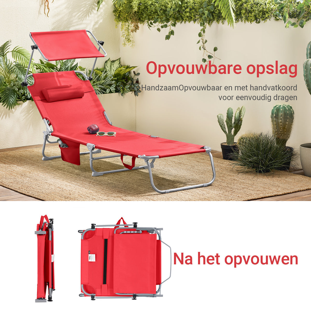 SoBuy Lounger Red - Chaise longue de jardin pliable avec auvent réglable et 4 positions de repos - 86 x 40 cm repliée