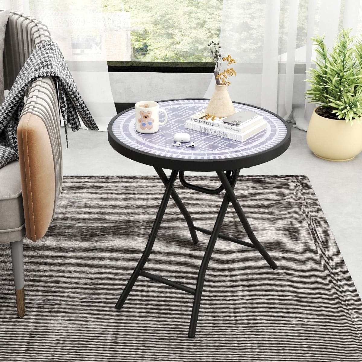 Table ronde de jardin ou d'extérieur - Gris élégant - Avec cadre en acier robuste et plateau en verre - Résistant aux intempéries et facile d'entretien