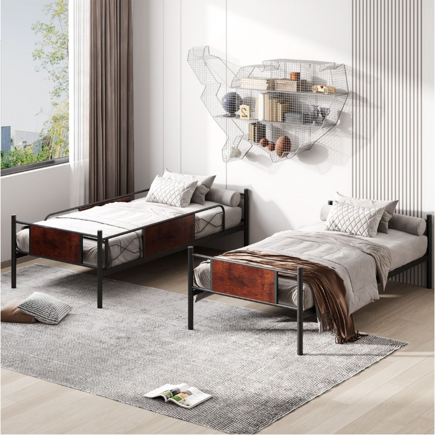 Coast Cadre de lit superposé en métal - 2 en 1, aspect bois et barre de sécurité de 30 cm - L 198 x l 95 x H 156 cm - Métal/MDF - Noir/Marron
