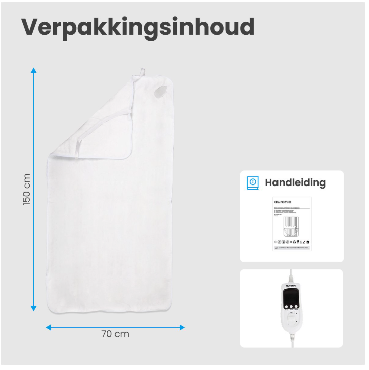 Auronic - Couverture électrique de luxe - 150x80 cm - Polyester blanc - 9 niveaux de chaleur et zone de pieds réglables séparément - Minuterie et protection contre la surchauffe - Lavable