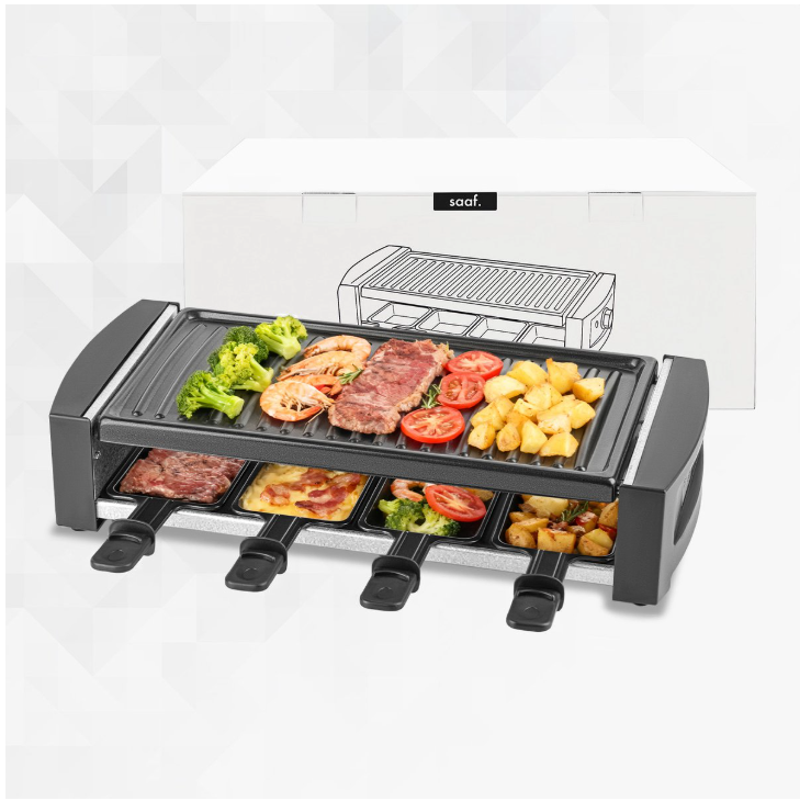 Saaf - Set Gourmet & Raclette - 1200W - Métal noir - Avec plaque de cuisson amovible et revêtement antiadhésif - Pour 8 personnes - Lavable au lave-vaisselle - Convivial Dining