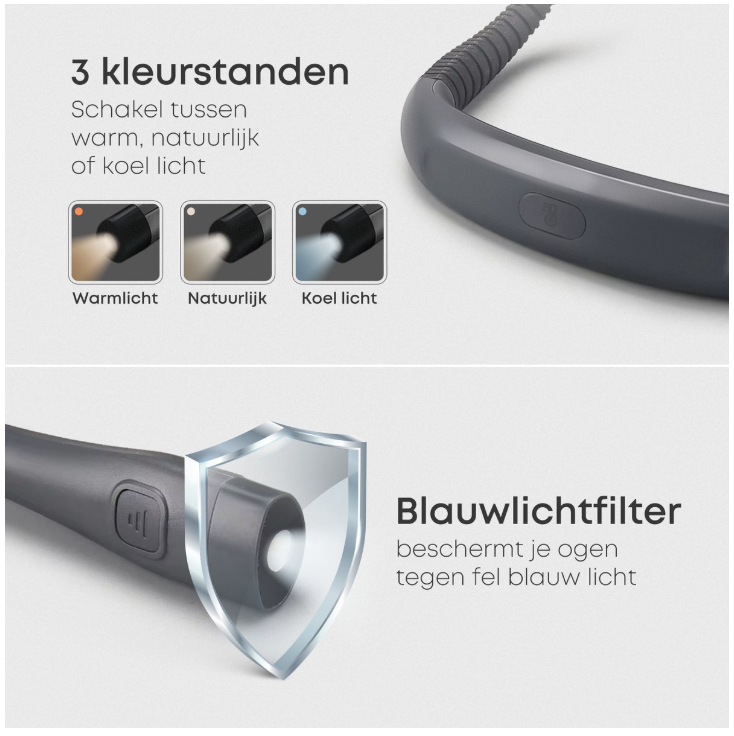 Skoov - Lampe de cou et lampe de lecture - Plastique noir - 3 couleurs de lumière et 6 modes de luminosité - Rechargeable via USB - Mains libres et pliable - Idéal pour la lecture au lit et le bricolage