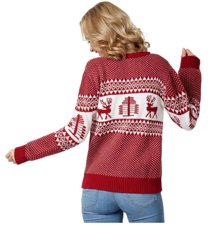 DressForFun - Pull de Noël Winter Wonderland - Taille XL - Polyester rouge et blanc - Motif traditionnel norvégien en tricot - Confortable et chaud - Vêtements de fête pour Noël et le carnaval