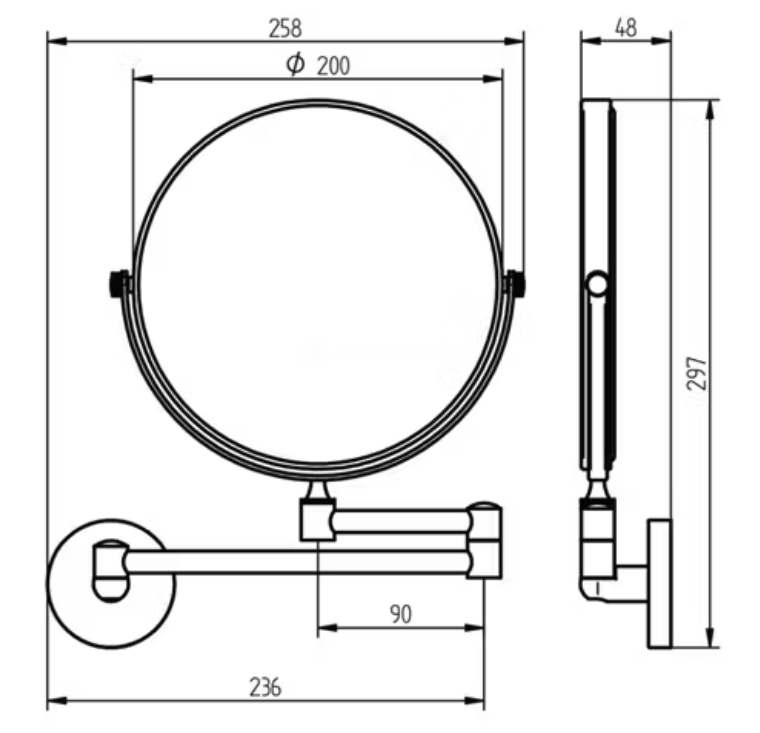 Aqualux - Miroir de rasage mural - 20 cm de diamètre et grossissement 3x - avec bras pivotant réglable et miroir en verre double face - pour la salle de bains et le rasage - métal chromé et verre