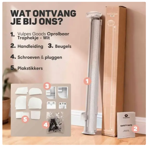 Vulpes Goods® - Porte d'escalier enroulable - 145 x 84 cm - équipée d'une sécurité enfant Push-En-Lock, d'un indicateur de couleur et d'une commande à une main - pour les enfants et les animaux domestiques - plastique blanc et grillage