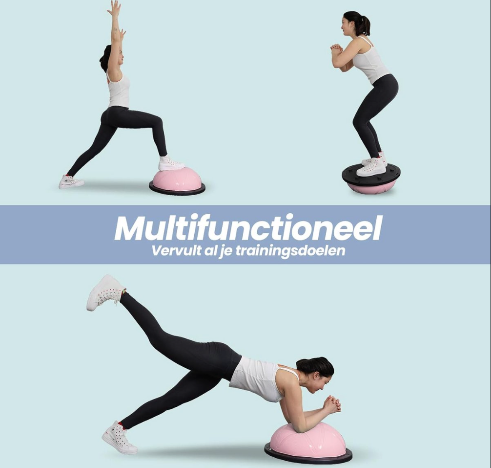 DH FitLife Balance Ball - Yoga Balance Trainer Ø60 x 22 cm - Chargeable jusqu'à 200 kg - Demi-ballon de gym / planche d'équilibre fitness - Pompe et 2 sangles fitness incluses - Rose