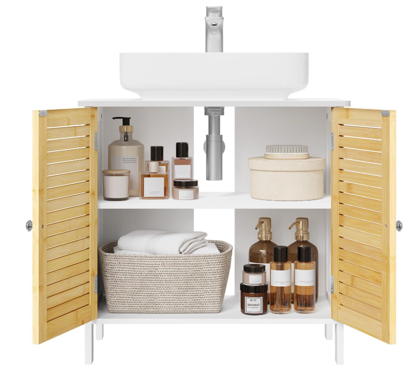 EUGAD Meuble de toilette Naples - Avec découpe pour siphon, étagère réglable et portes à lamelles magnétiques - Pour salle de bain et toilettes - Bois et bambou revêtus de blanc - 60 x 30 x 60 cm
