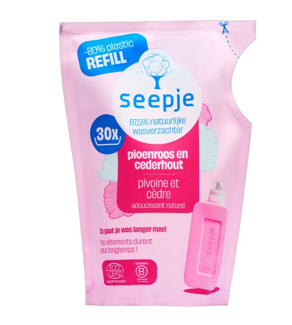Seepje Recharge d'assouplissant Peony & Cedarwood - avec protection des fibres végétales, formule certifiée Ecocert et design sans microplastique - pour le linge blanc et de couleur - plastique rose - 6 x 750 ml